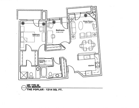 Floor plan for 2 beds, 2 baths, 1140 sqft
